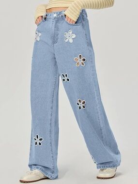 Chic Nation Light Blue Wide-Leg Jeans with Floral Cutouts